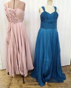 1940's/50's evening gown, pintucked single shoulder, embroidered bodice, full skirt, 1950's/60's