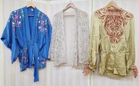 Theatrical costume - to include blue chiffon tunic embroidered with sequins, faux shells, batwing