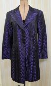 Favourbrook silk coat patterned in purple and black, two button fastening, side pockets, probably