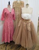 Pink lace cocktail dress, V-neck with scalloped satin edge to the collar and sleeves, an elaborate