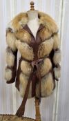 1980's brown leather and red fox fur jacket labelled Higgs Furs, brown leather belt, quilted lining