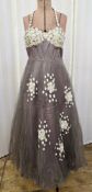Mid-century cocktail dress labelled Heiress, brown net with appliqued flower pattern sequins and