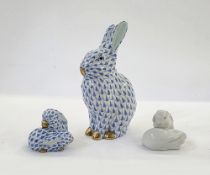 Herend seated rabbit in blue fishnet decoration with gilt highlights, 13.5cm high, another Herend