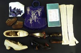 Pair of Edwardian fabric shoes with stacked heel and fabric buckle, the original elastic strap has