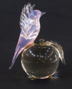 20th century Art glass model of a bird perched on apple, indistinctly signed to base, 22cm high