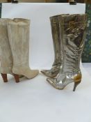 Pair of Christian Lacroix knee-high high-heeled silver patent leather boots, the leather is