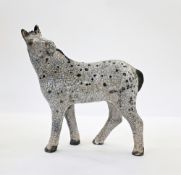 Jacqui Freeman raku model horse in grey with black mottled decoration with label, 26cm high x 23cm