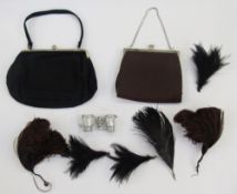 Vintage brown grosgrain evening bag with silver-coloured metal fixed frame, with snake chain handle,