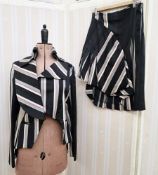 Alexander McQueen skirt suit with white, grey and red stripe on black cotton, double collar and