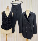 Nicole Farhi black tuxedo-style trouser suit comprising jacket, waistcoat and trousers, a black