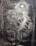 Robin Tanner etching 'Full Moon' woodland stream with gate signed in pencil, 24cm x 19cm approx