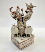 Blandine Anderson stoneware model 'Many Snows' group of three sheep around tree with three thrushes,