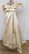 1930's cream satin wedding dress - ruched bodice with wide neckline, puffed sleeves, full skirted
