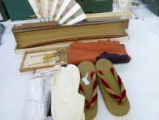 Pair of Japanese slippers - 'Zori' , velvet and linen with wooden soles, Japanese socks - Tabi -