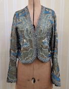 1920's/30's lame short jacket embellished with turquoise coloured beads, sequins, cream coloured