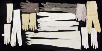 Large quantity of silk and kid long evening gloves, Edwardian, a machine embroidered veil and a pair
