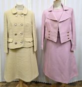 1950's and 60's period costume to include a crimplene double-breasted skirt suit in pale mustard