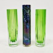 Isle of Wight glass vase of cylindrical form with petrol iridescent ground, 24.5cm high, together