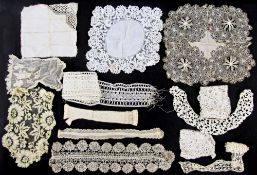 Black long lace scarf/shawl, large black lace net shawl, various other black lace items, cream