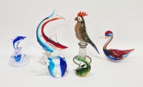 Small quantity of glass animals to include a Murano-style parrot, fish on pedestal base, a Murano