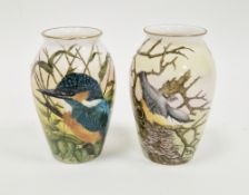 Two limited edition bone china oviform vases painted with birds by Helen Halloran, late 20th