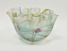 Siddy Langley art glass bowl with wavy rim, decorated with pink heart shaped flowers and tendrils on