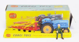 Corgi Toys No. 18 Gift Set Fordson Power Major Tractor and four furrow plough, with sliding tray (