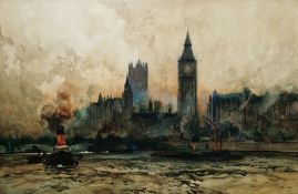 Leslie Arthur Wilcox (British, 1904-1982) Watercolour View of Houses of Parliament and Westminster