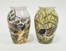 Two limited edition bone china oviform vases painted with birds by Helen Halloran, late 20th