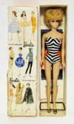 Barbie bubble cut doll with ginger, in black and white striped swimsuit, with sandals, stand and