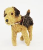 Merrythought straw filled brown and grey mohair Airedale Terrier Dog, black eyes, black stitched