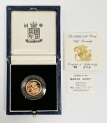 Elizabeth II 1992 gold proof half sovereign, in original fitted box with certificate numbered 3114