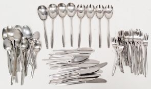 Collection of mid century Finnish Dansk designs stainless steel flatware including 8 dessert spoons,