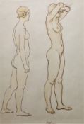 20th century school Ink and wash Full length figure study of two female nudes, initialled and