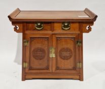 Chinese hardwood altar cabinet, of typical form, comprising two frieze drawers with brass drop