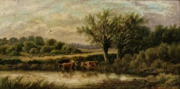 Edward A. Atkyns (act. 1865-1883) Oil on canvas  Cattle in river landscape, signed and dated 1883