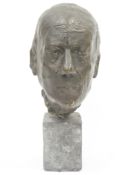20th century bronze head bust of a middle aged man mounted on a square slate base, unsigned, 45cm