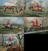 T. Walsh (19th century) Watercolour/gouache heightened with white Set of five hunting scenes, each