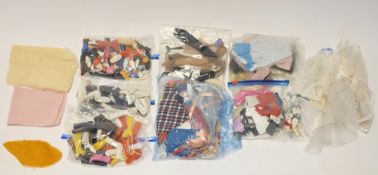 Collection of Fashion Doll clothing and accessories, including stocking, ribbon, ties and headbands,