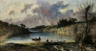 Edouard Vaumort (Franch, d. 1886) Oil on panel Fishermen on a lake by a dam, signed lower left, 16cm