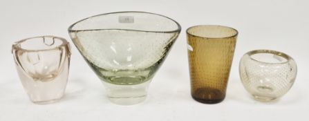 Art glass bowl of flattened, tapering form with controlled bubble decoration, pale green