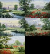 Mary Shaw (b.1955) Oil on board Pastoral scene, cows in a field with church in distance, signed