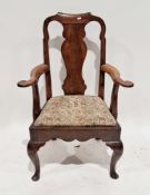 18th century antique oak and walnut Queen Anne style open armchair, having vase-shaped splat, scroll