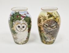 Two limited edition bone china oviform vases painted with birds by Helen Halloran, late 20th