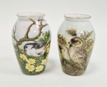 Two limited edition bone china oviform vases painted with birds by Helen Halloran, late 20th