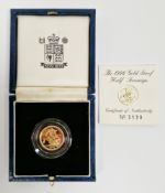 Elizabeth II 1996 gold proof half sovereign, in original fitted box with certificate numbered 3138