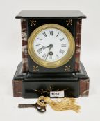 19th century slate and marble mantel clock, the white enamel dial with Roman numerals and single