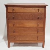 Modern hardwood chest of drawers by Heals of London, comprising five long drawers with knob handles,
