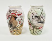 Two limited edition bone china oviform vases painted with birds by Helen Halloran, late 20th