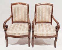 Pair mahogany armchairs, each with padded back, stuffover seat, on scroll supports, 93cm high x 56cm